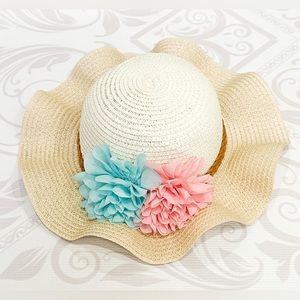 Girls Summer Spring Hat with Blue Pink Accent Flower 1 size